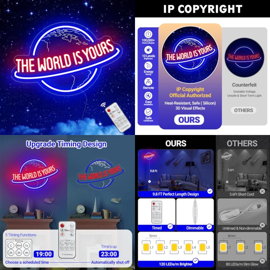 Lighting World Decor - 세상은 당신의 것 네온사인, 원격 조광