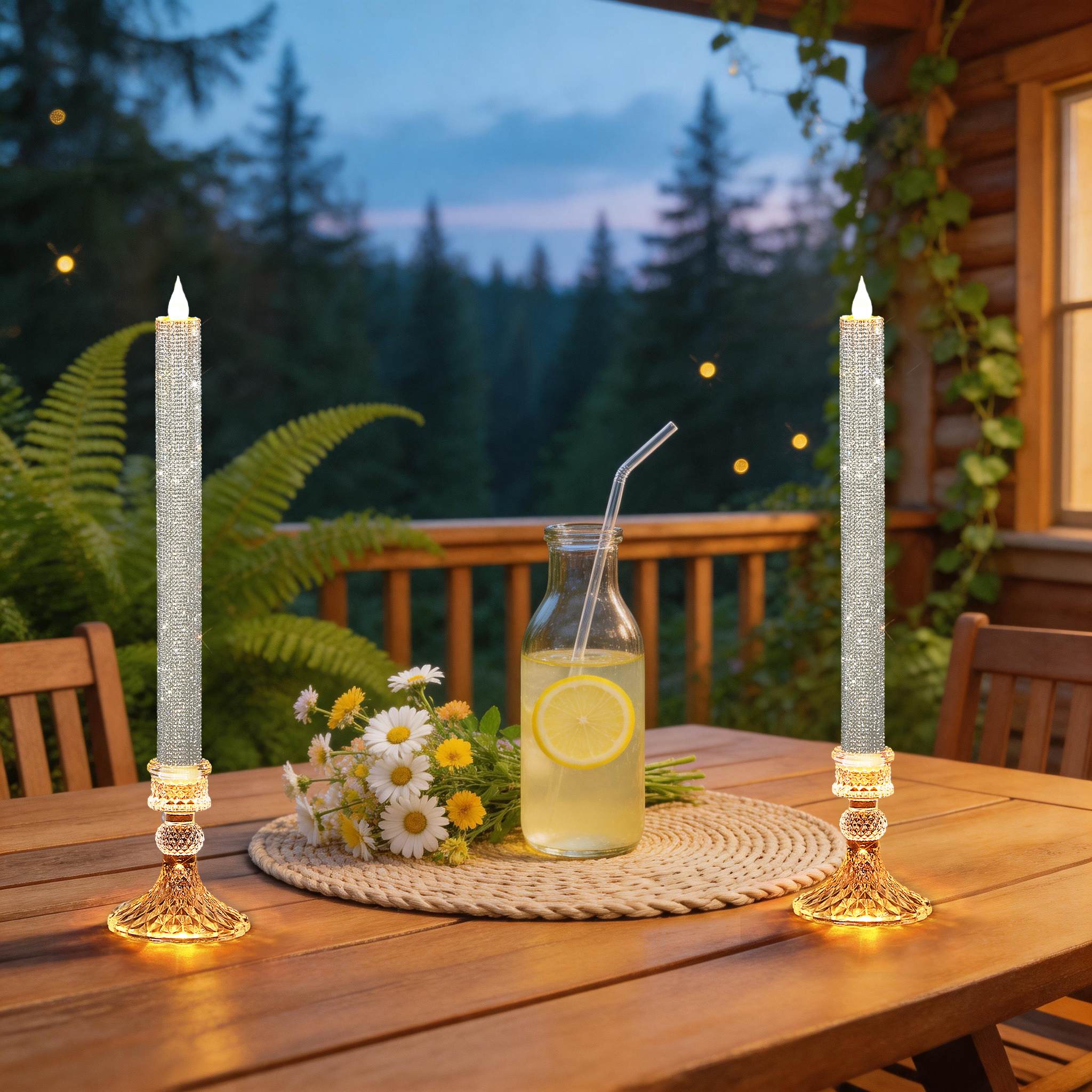 Candle Holder Set - 유리 홀더가 있는 무화염 테이퍼 양초
