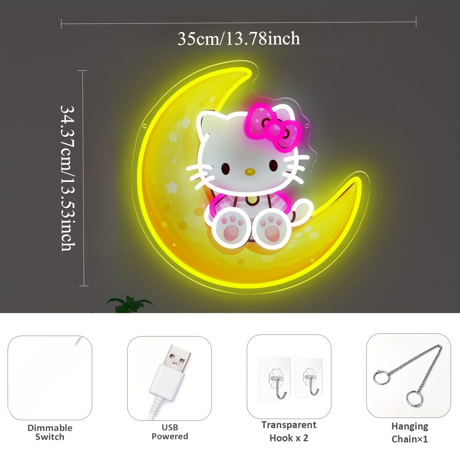 달 위의 헬로 키티 노란색 귀여운 네온 라이트 USB  - Lighting Decor For Diwali 리뷰 및 가격