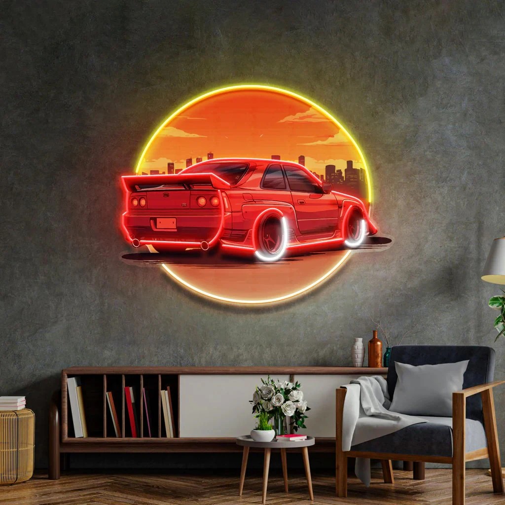 세련된 선셋 자동차 네온 벽 장식 UV 프린트 레이싱카 - Bathroom Lighting Decor Ideas 리뷰 및 가격